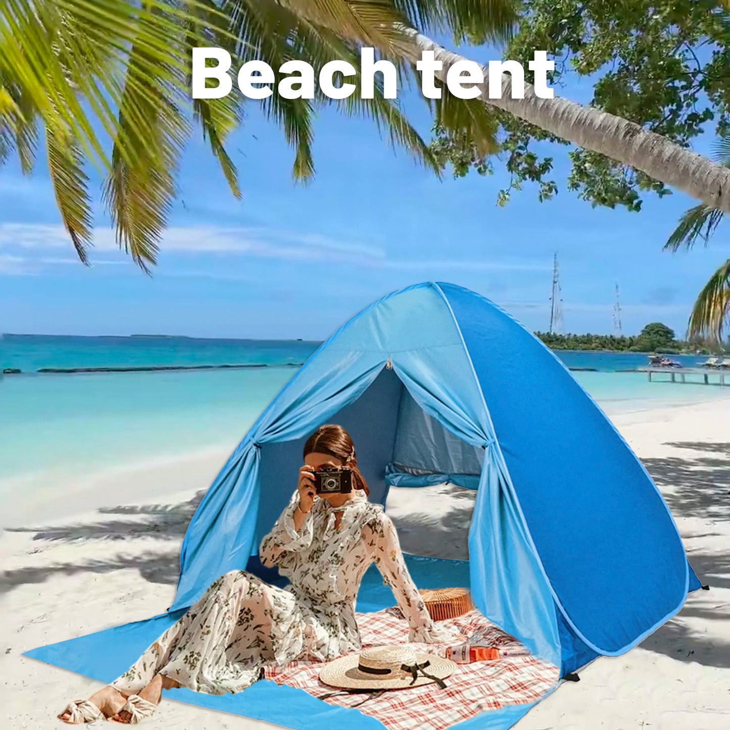 Large Pop-Up Beach Tent with UPF 50+ Sunshade & Waterproof Floor - Spacious Family Beach Shelter with Carry Bag - Compact Folding Design for Outdoor Camping, Picnics, and Travel