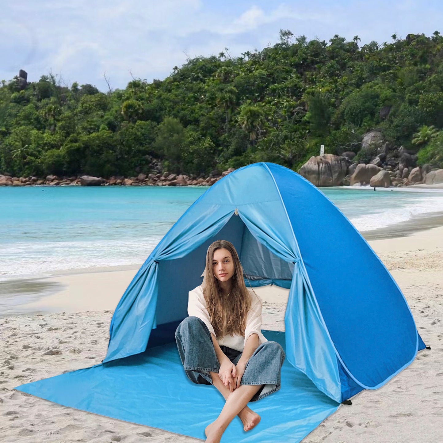 Large Pop-Up Beach Tent with UPF 50+ Sunshade & Waterproof Floor - Spacious Family Beach Shelter with Carry Bag - Compact Folding Design for Outdoor Camping, Picnics, and Travel