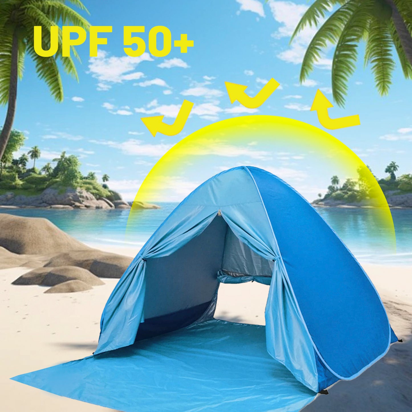 Large Pop-Up Beach Tent with UPF 50+ Sunshade & Waterproof Floor - Spacious Family Beach Shelter with Carry Bag - Compact Folding Design for Outdoor Camping, Picnics, and Travel