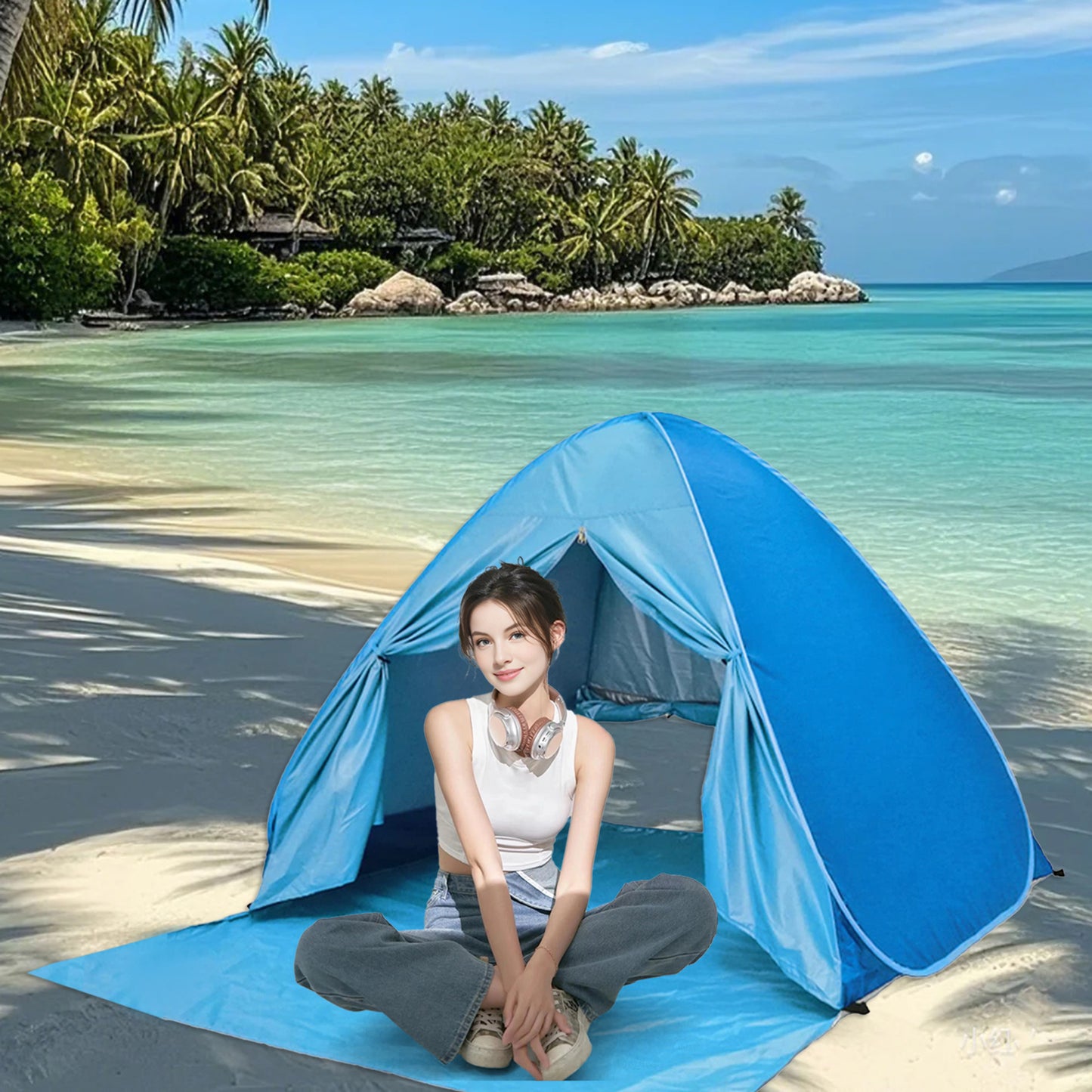 Large Pop-Up Beach Tent with UPF 50+ Sunshade & Waterproof Floor - Spacious Family Beach Shelter with Carry Bag - Compact Folding Design for Outdoor Camping, Picnics, and Travel
