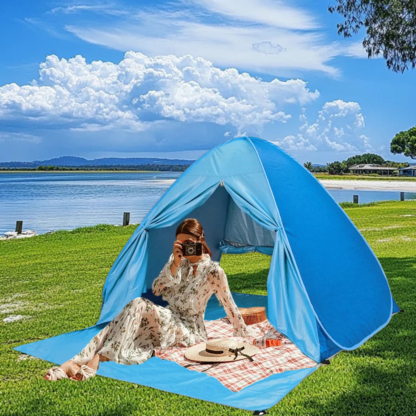 Large Pop-Up Beach Tent with UPF 50+ Sunshade & Waterproof Floor - Spacious Family Beach Shelter with Carry Bag - Compact Folding Design for Outdoor Camping, Picnics, and Travel