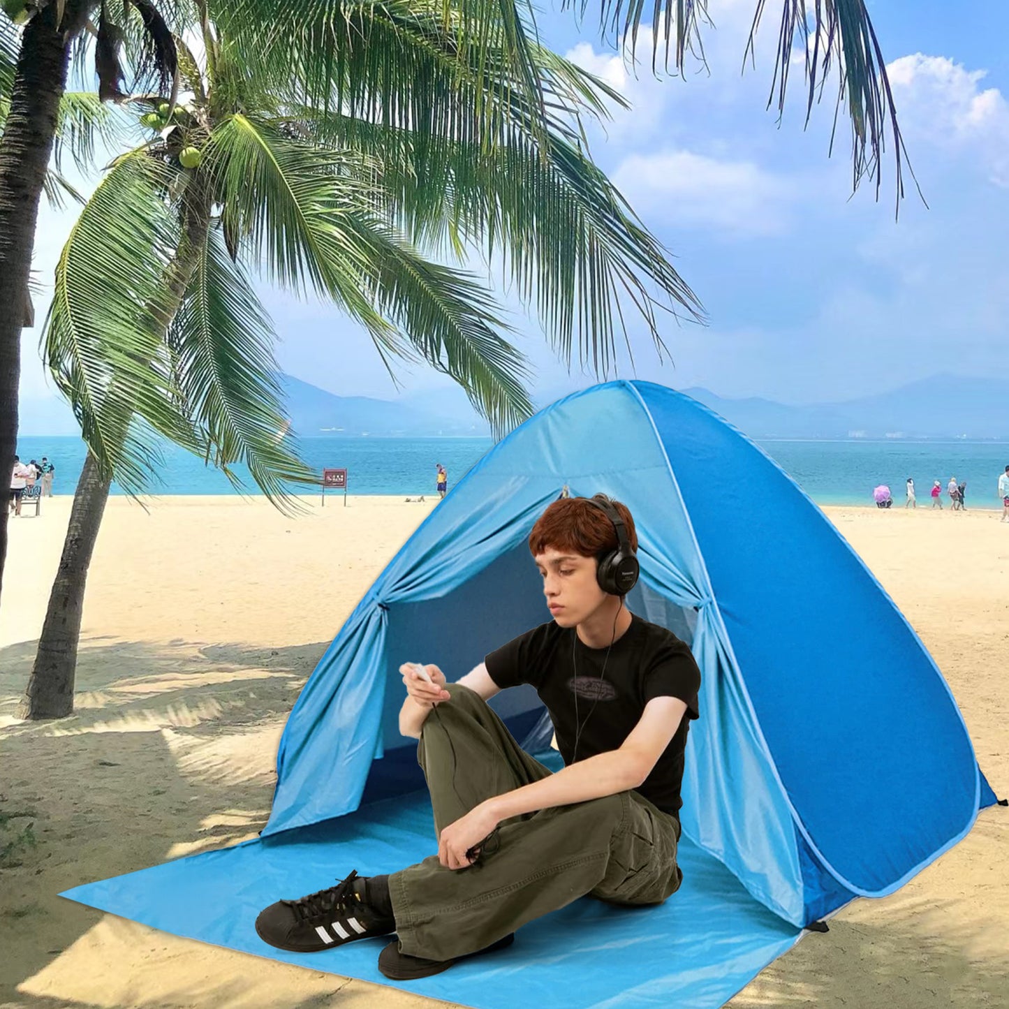 Large Pop-Up Beach Tent with UPF 50+ Sunshade & Waterproof Floor - Spacious Family Beach Shelter with Carry Bag - Compact Folding Design for Outdoor Camping, Picnics, and Travel