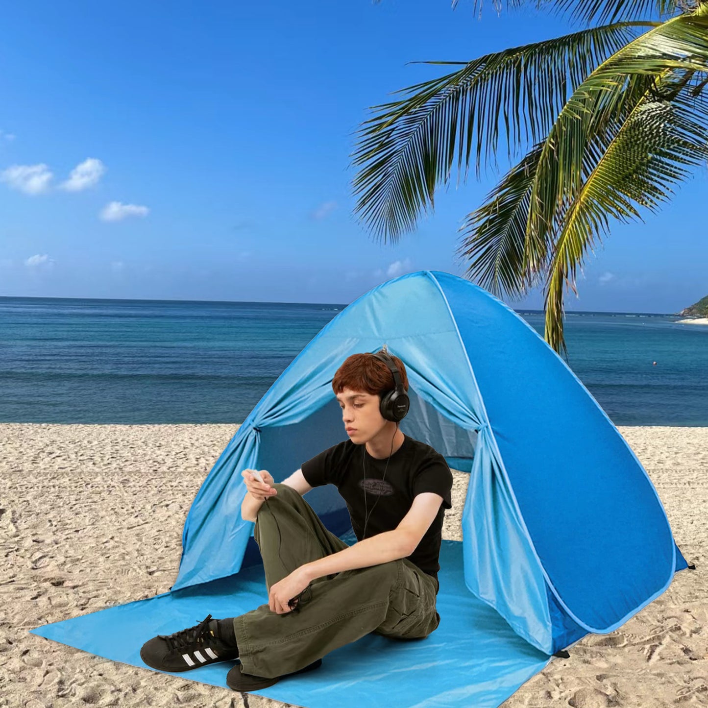 Large Pop-Up Beach Tent with UPF 50+ Sunshade & Waterproof Floor - Spacious Family Beach Shelter with Carry Bag - Compact Folding Design for Outdoor Camping, Picnics, and Travel